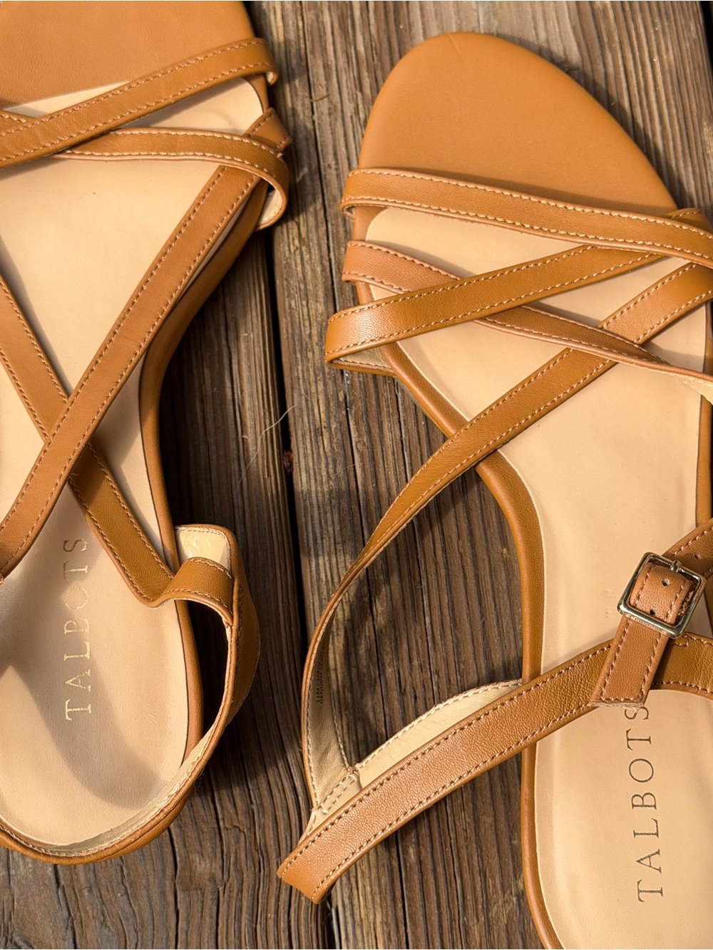 Talbots Leather Strappy Sandals Tan Cognac Low Wedge Women’s Size 11M